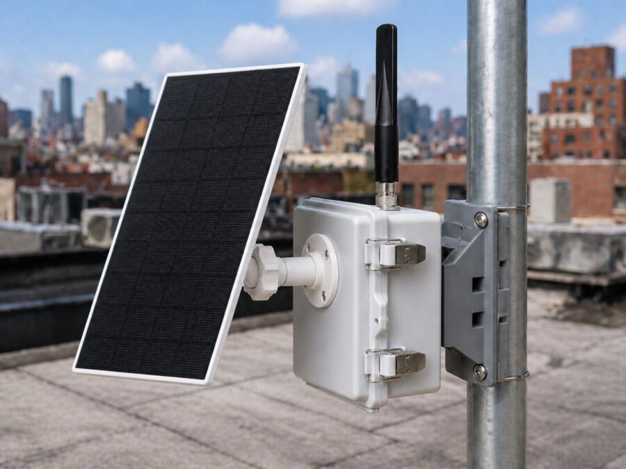 A pole mounted solar repeater with an enclosure, antenna, and solar panel